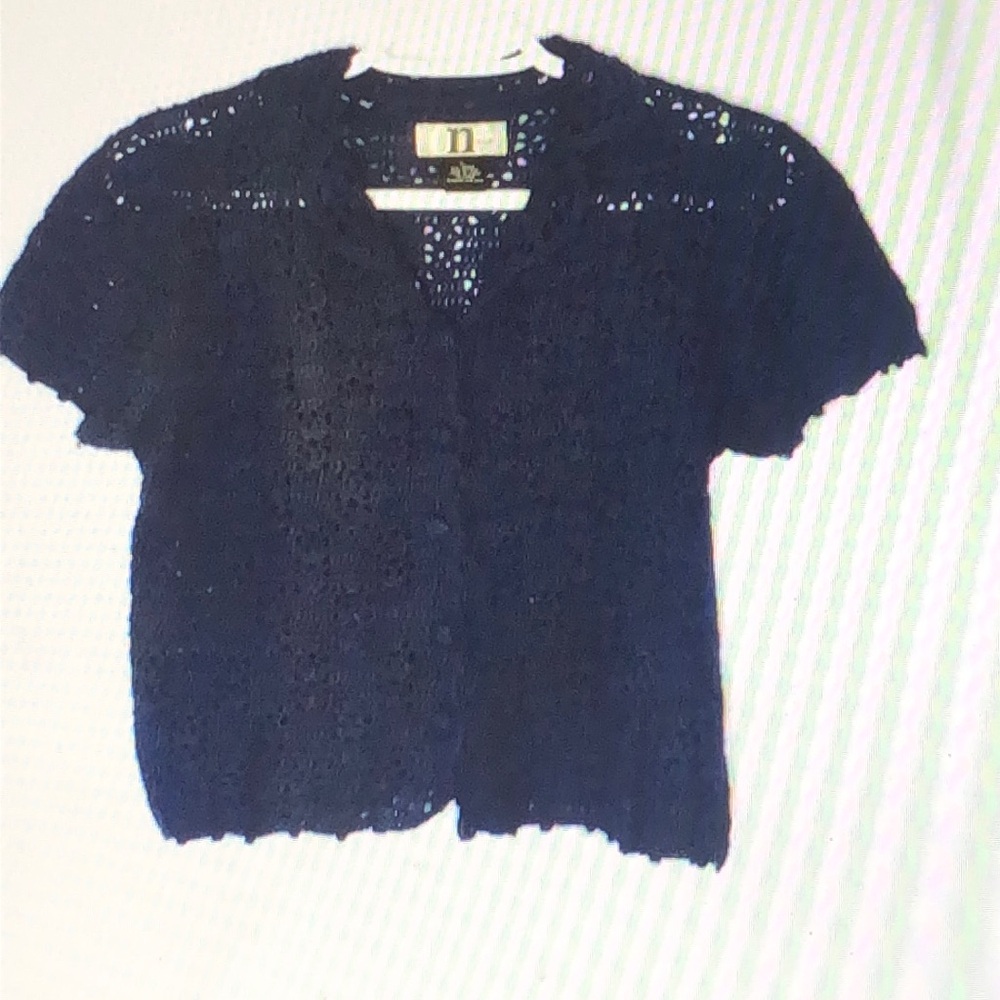 One Step Up Girls Open Knit Crochet Short Slve Cardigan Sweater Navy Blue Large